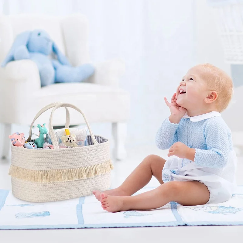 Newborn Baby Shower Basket Cotton Rope Diaper Caddy Organizer With Tassel