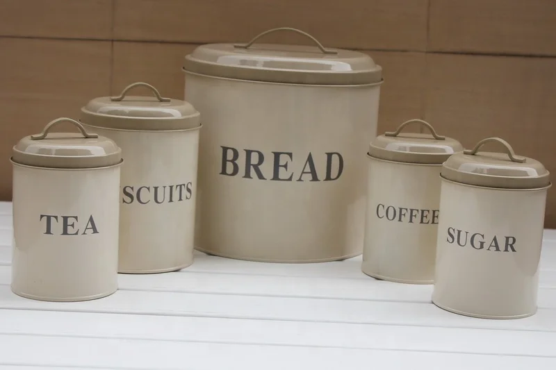 Metal Kitchen Food Storage Box 5pc Bread Bin And Tea Coffee Sugar Biscuit Canister Sets
