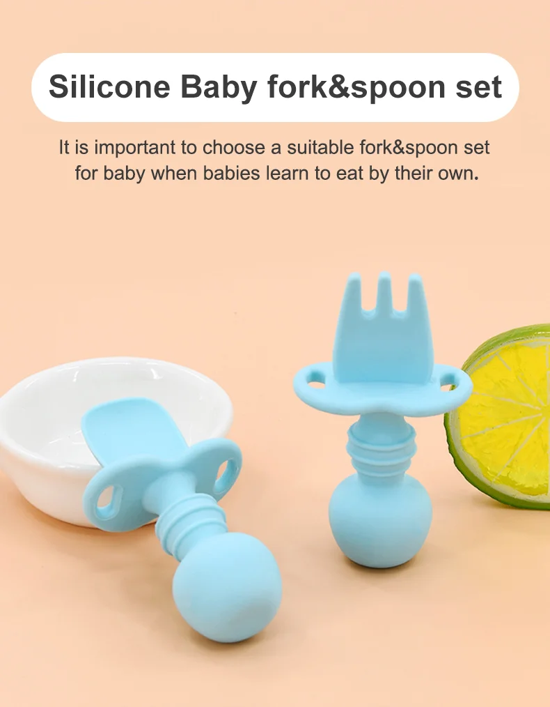 Anti Choke Easy Grab Feeding Sets First Self Feed Training Spoon Fork Tableware Baby Utensils Silicone Spoon and Fork Set