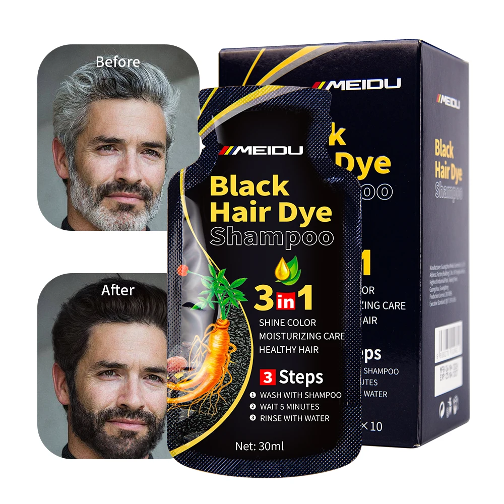 Meidu herbal natural ammonia free cover gray white hair ginger 3 in 1 permanent colour color sachet black hair dye shampoo