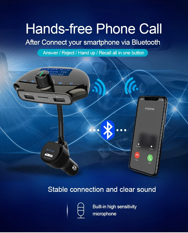 AGETUNR T36 2023 New BT V5.0 USB ports HandsFree Calling Car Kit U disk/SD Card 18W QC3.0 FAST charger FM Transmitter MP3 Player