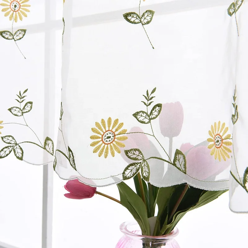Yellow Daisy Kitchen Sheer Curtain Sunflower Embroidery Short Window Valances Without Curtains Yellow Floral