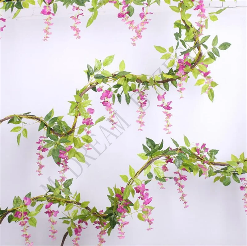 2M Wisteria Artificial Flowers Vine Garland Wedding Arch Decoration 5 Colors Foliage Rattan Trailing Faux Flowers Ivy Wall