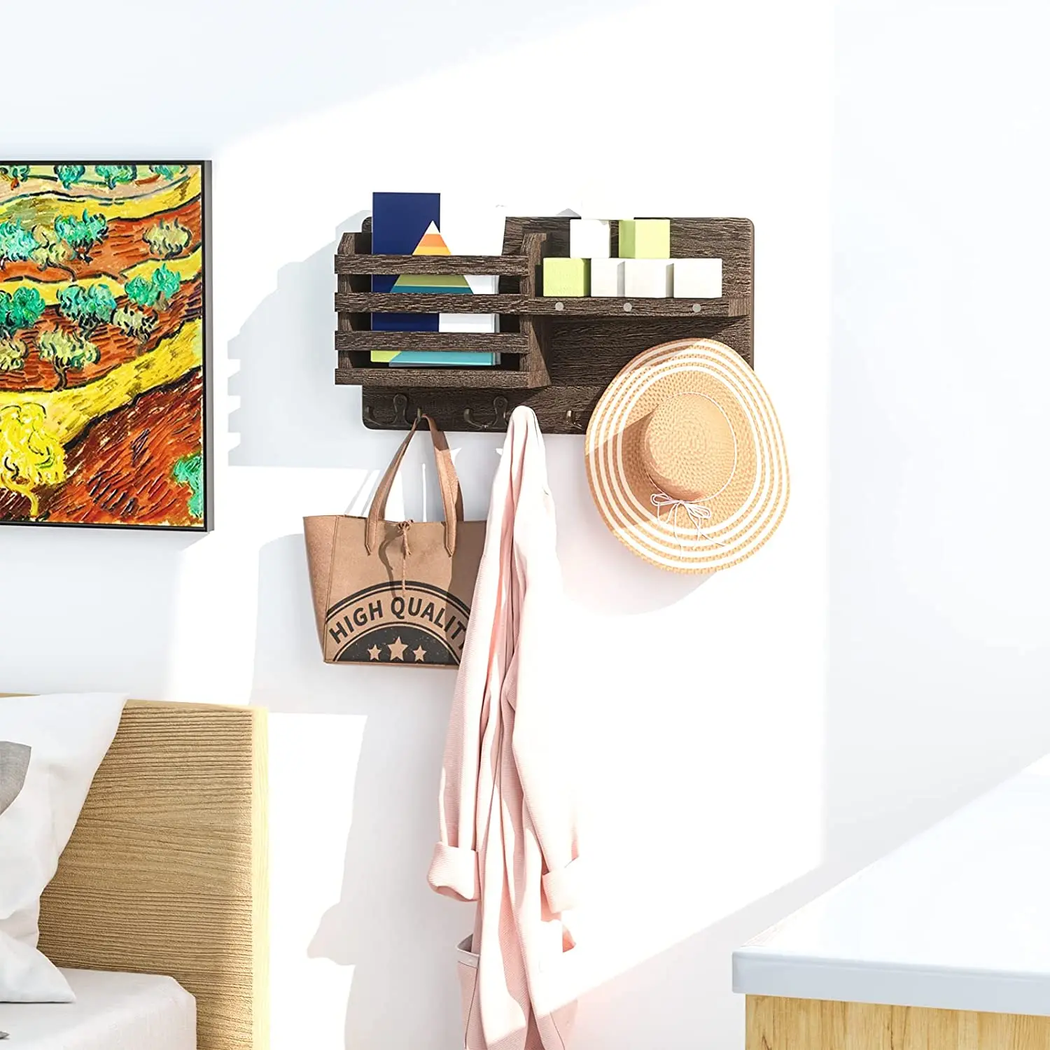 Key Holder for Wall with Magnet Hanging Rustic Wooden Mail Holder with Key Hooks Wall Mounted Key Hanger Organizer for Entryway,