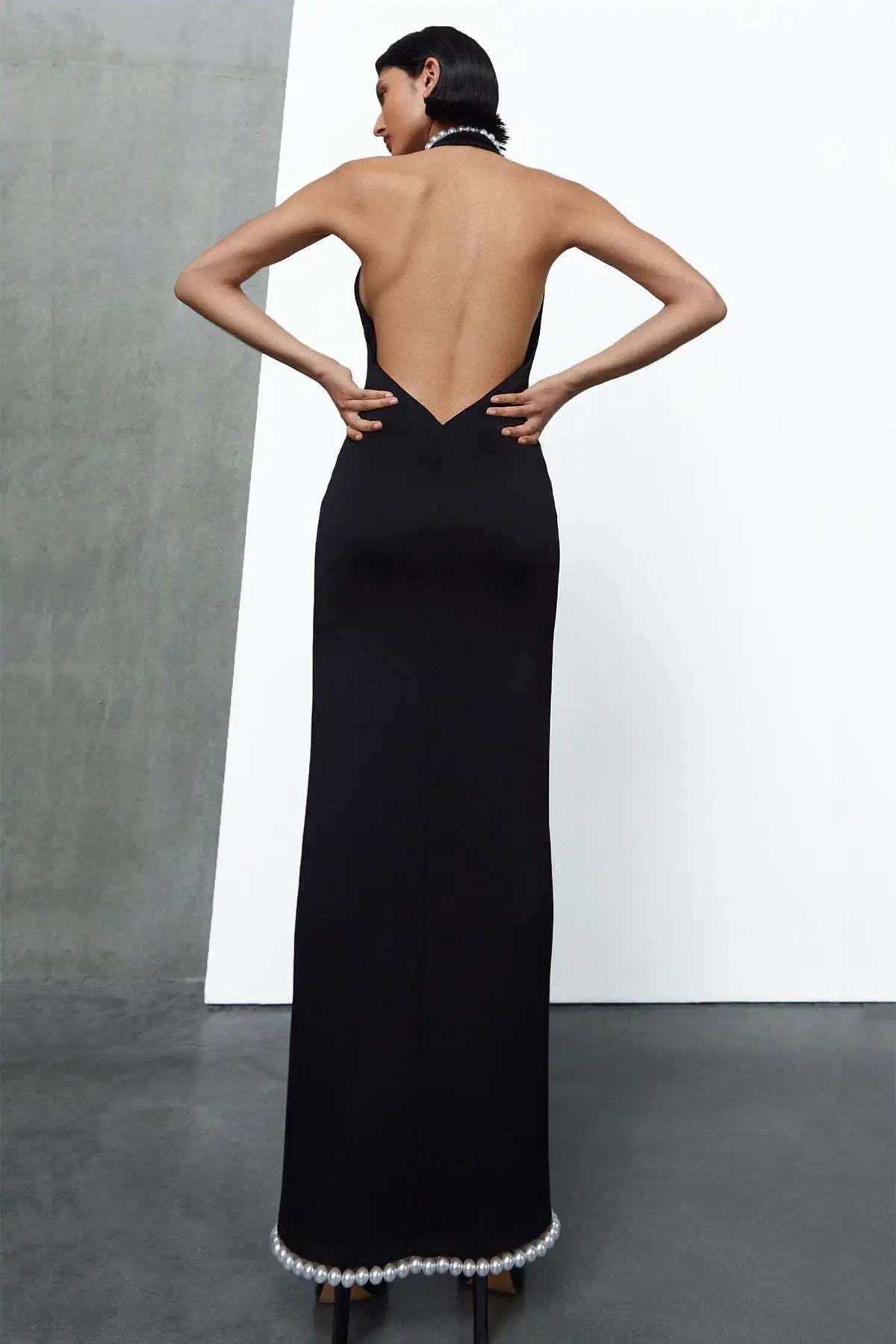 Black women long party dress pearl trim Deep V High Slit ladies sexy backless club maxi elegant knitted dress