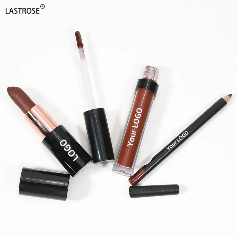 Wholesale Cosmetics Makeup Lipstick & Lipgloss & Lip Liners 3 in 1 Waterproof Vegan Solid Lipstick & Lip Liner Kit