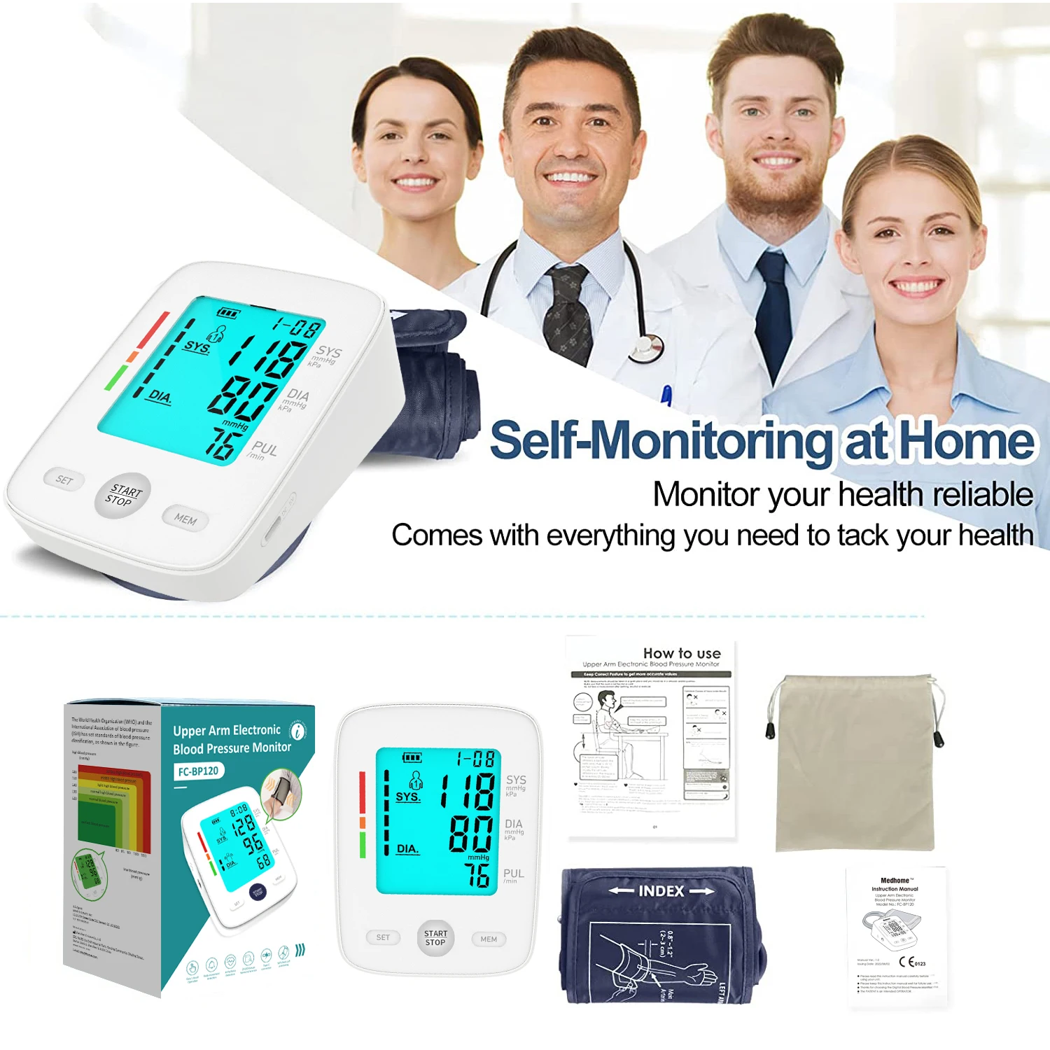 High Capacity Lithium Battery Medical Upper Arm  Blood Pressure Monitor for  Family Use