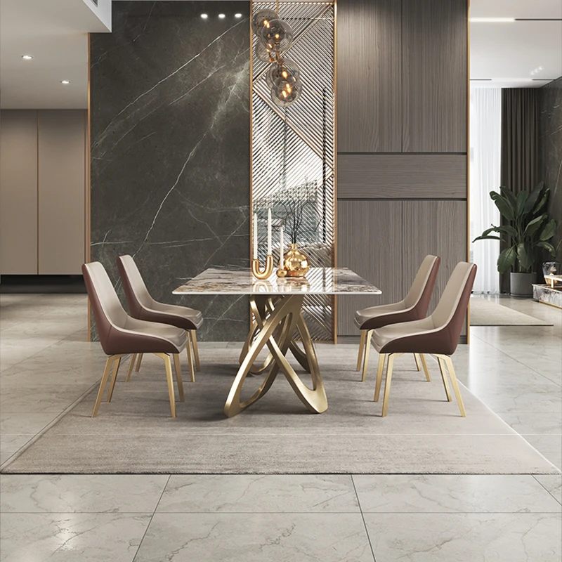 Luxury Modern Design Slab Plate Table Ready Stock Home Family Dinner Table Gold Frame White Slate Top Dining Tables