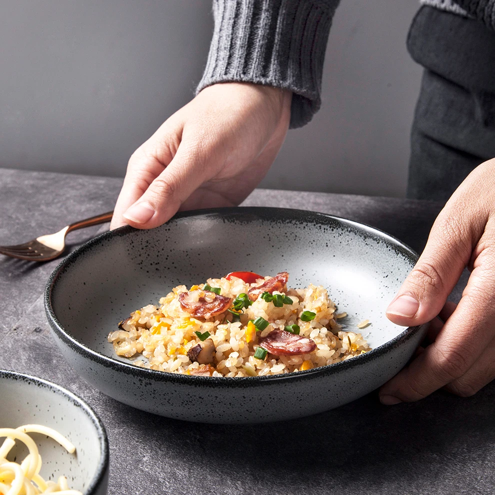 ShengJing Japanese Korean Rustic Light Grey Speckled Porcelain Household Restaurant Pasta Salad Dinnerware Deep Plate