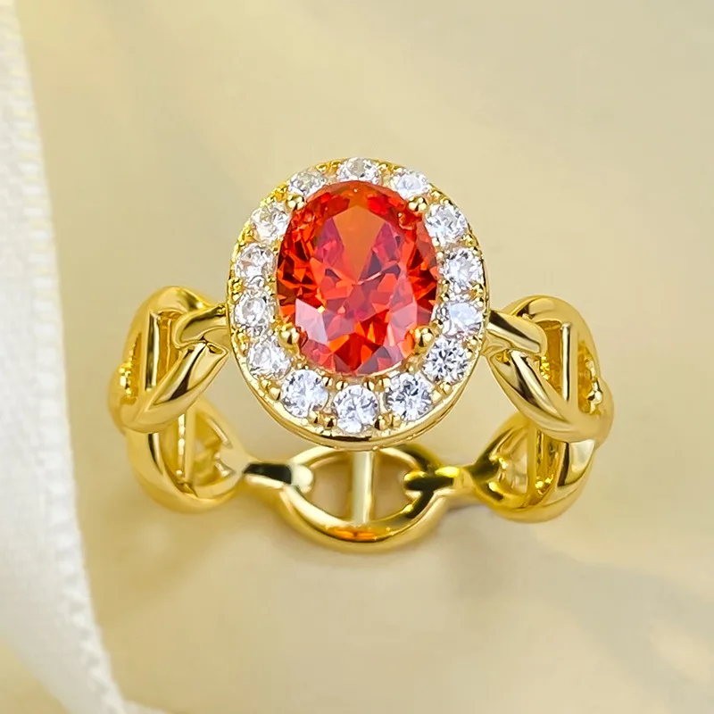 New Fanta Orange Oval 6 * 8 Ring Female 925 Silver Female Design Sense European and American Fashion Temperament 5A Zircon Jewel
