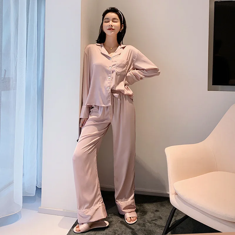 Wholesale silk like satin plain pajamas set woman homewear pajamas