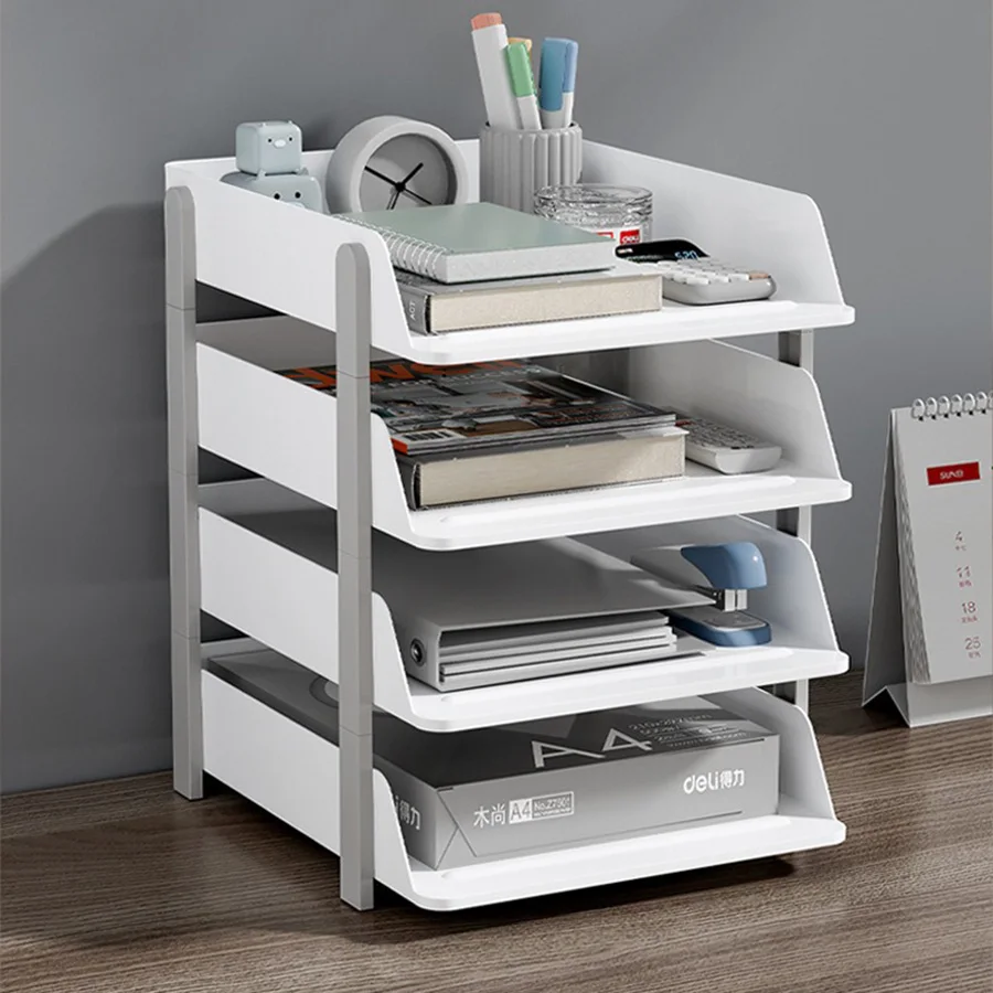Multi layered stackable desktop with A4 paper file storage rack, book storage rack