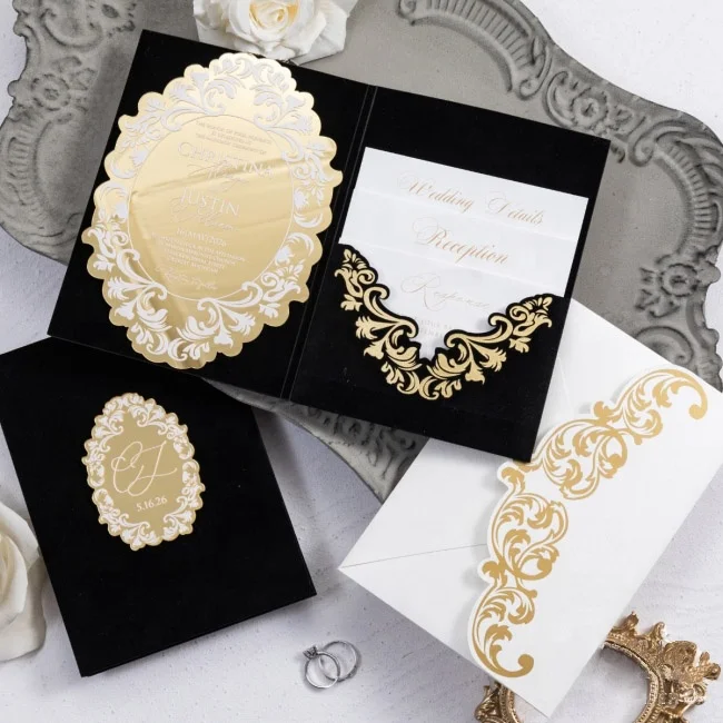 Черное сложенное бархатное Золотое фольгированное Свадебное приглашение с золотым зеркалом элегантные акриловые карты RSVP Настраиваемые роскошные приглашения