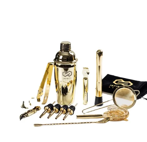 High Quality Custom Logo Home Bar Set Gold Plated Stainless Steel Bartender Kit with Cocktail Shaker Tools for Wine Lovers
