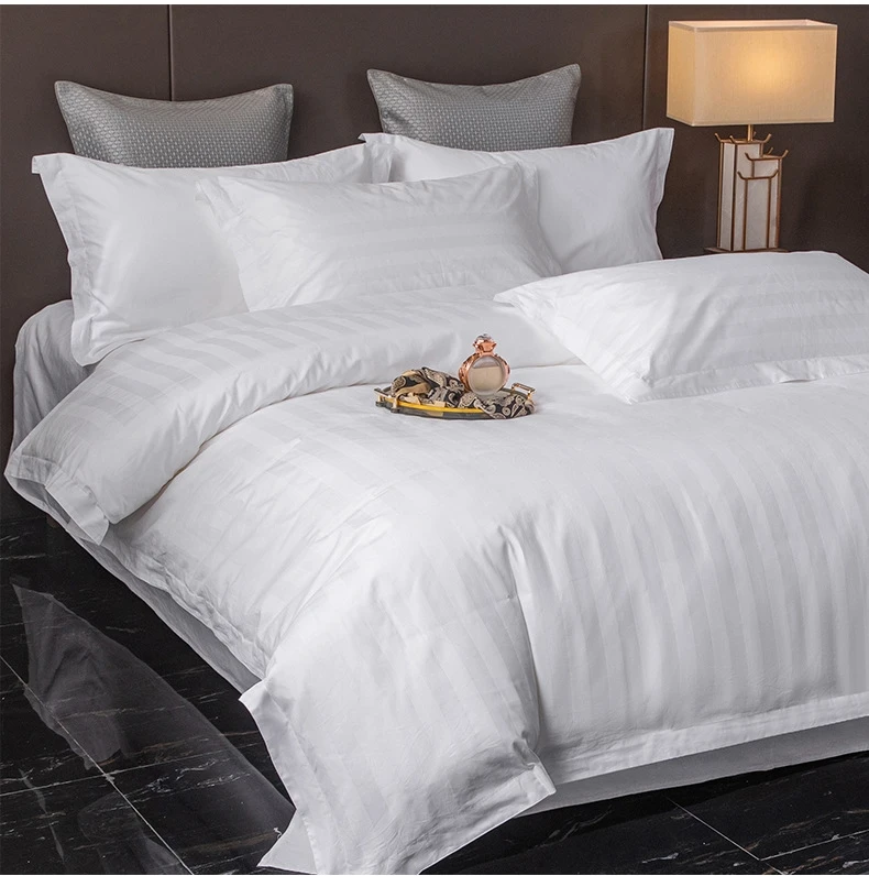 Wholesale Full Size Cotton Bed Linen Set with Material Printed Logo for Hotel Amenities hotel quality white sheets