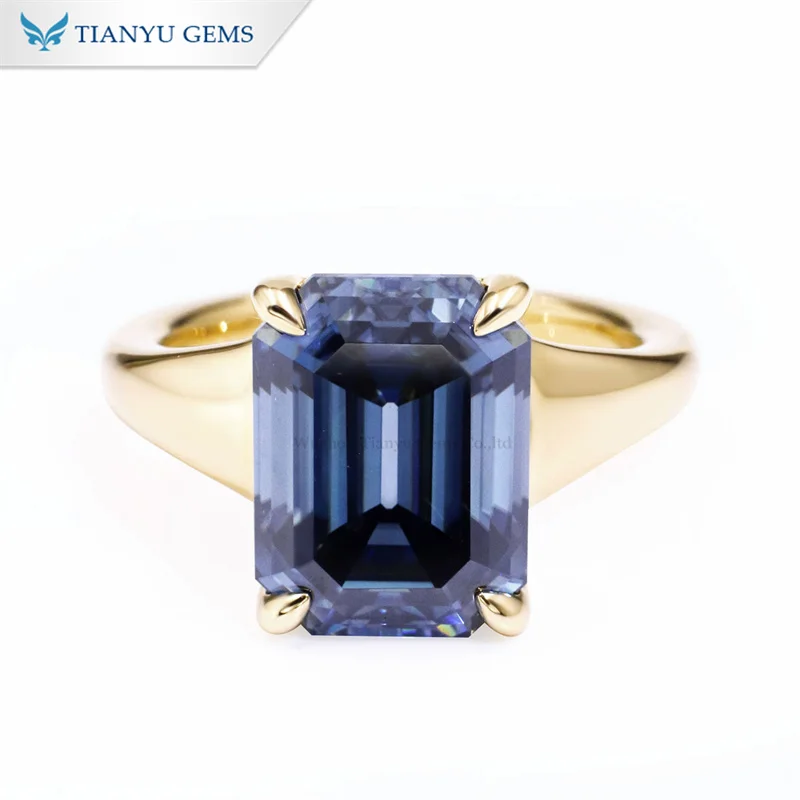 Tianyu Gems 9x12mm antique cut vivid blue moissanite solitaire ring 18k 14k 10k silver 925 Octagon shape gemstone ring for women