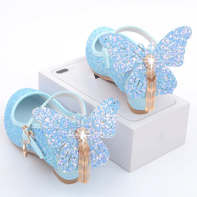 Classic Butterfly Sequins Pu Leather Shoes For Girls High Heels Party Dance Kids Shoes Princess Children Wedding Shoes