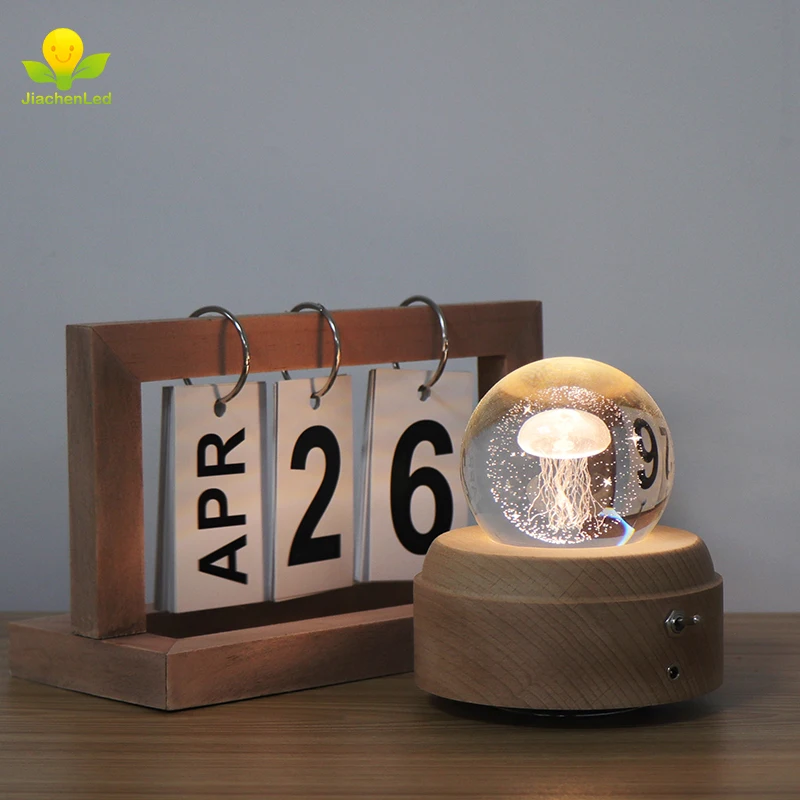 KC Certified Jellyfish Crystal Ball Music Box Led Night Light Wood Base Rechargeable Decoration Kids Bedroom Light