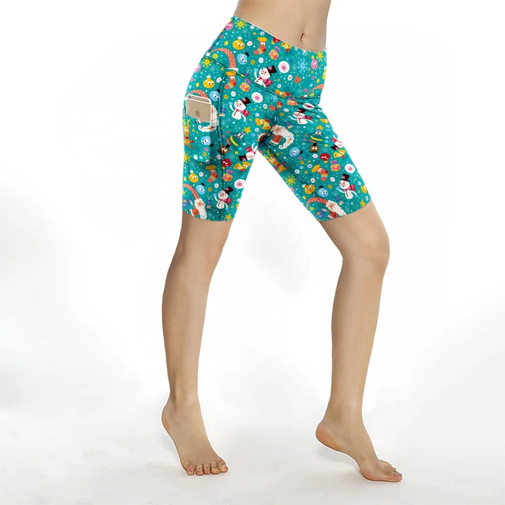 Wholesale Christmas patterned green color heat transfer custom printed high waist women casual gym shorts leggings