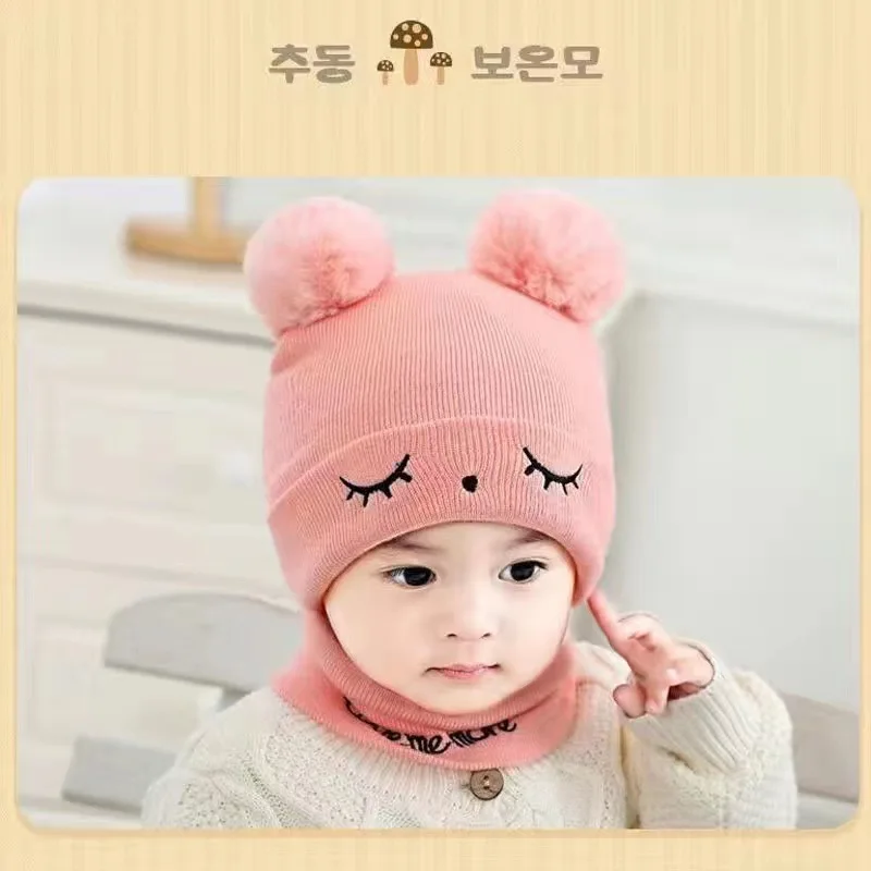 Wholesale Custom 0-12m Winter soft warm Baby Knitted Hats Knitted Newborn Baby Hat And Scarf Set With Fur Pom