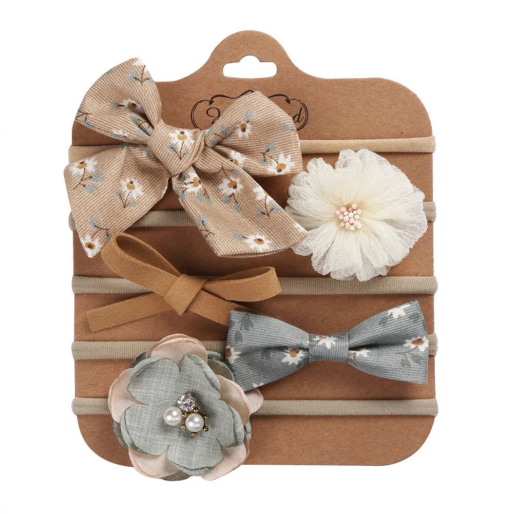 Wholesale Fashion Hairwear 5pc/set Artificial Fabric Flower Bow Baby Headbands Elastic Hairband Newborn Gift Photo Props