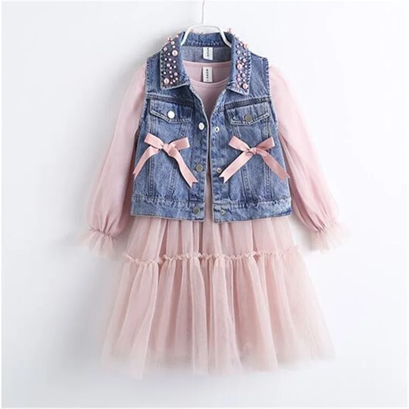 2-12 Years Kids Dresses for Girl Denim Bow Dress Pearl Vest Clothes 2020 New Baby Girls Lace Dress for Children Fashion Clothing