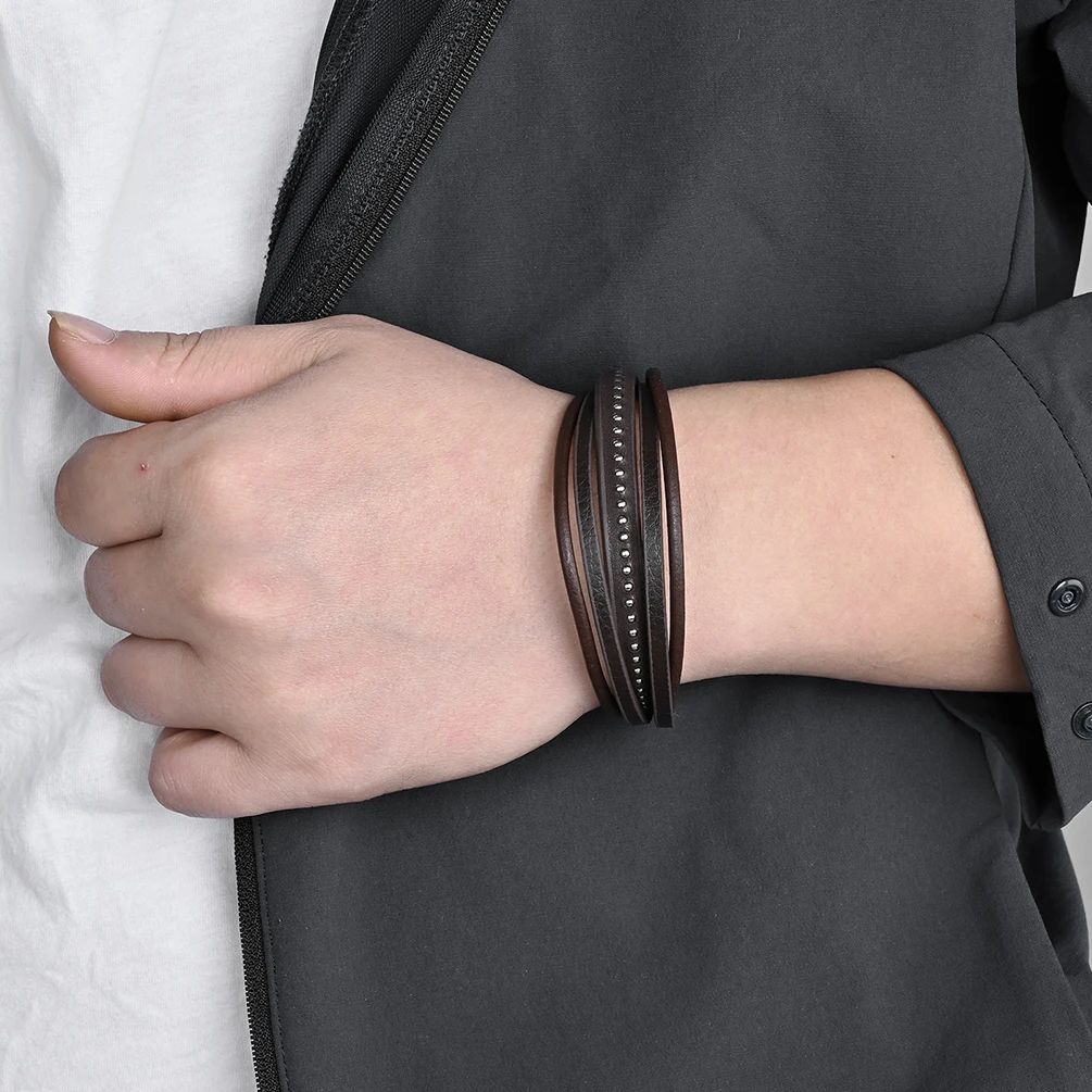 Alin New Braided Multi-Layer Genuine Leather Bracelet Men Stainless Steel Brown Leather Bracelet