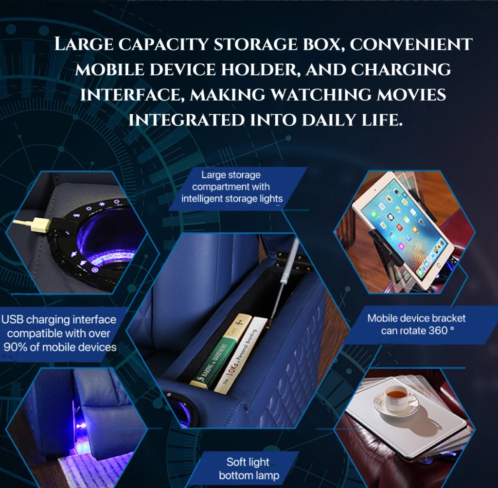 Dual Motor Blue Leather Home Cinema Chairs Sofas Electric Adjustable Lounge Chairs Theater Massage Seating Sofa