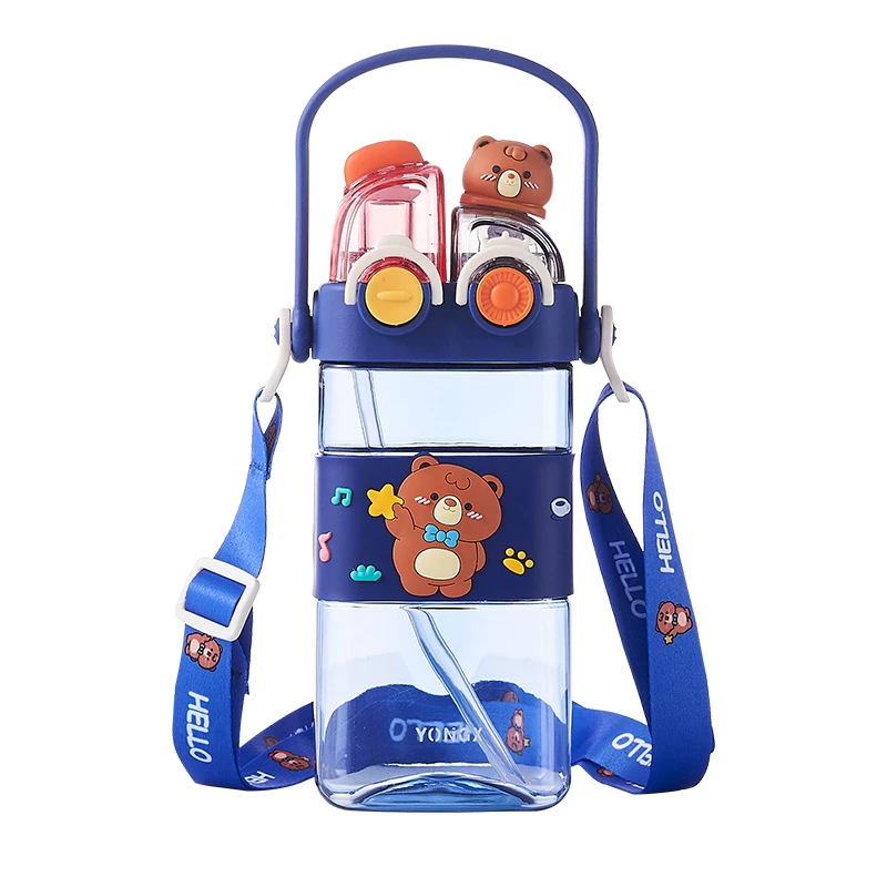 J94 580ml cute doll cartoon kids plastic water bottle with straw strap handle school double drink bear sports bottle for student