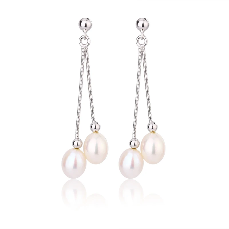 Wholesale Earrings Jewelry Double Headed S925 Sterling Silver 7-7.5mm Long Tassel Pearl Stud Earrings Minimalist Pearl Earrings