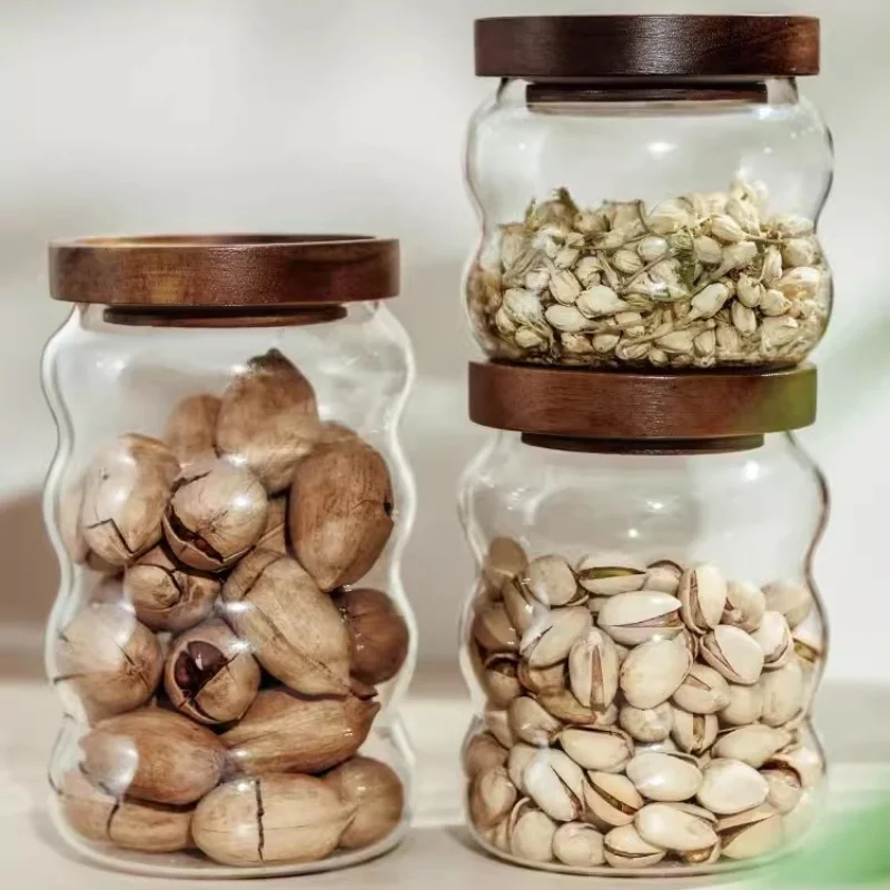 Glass storage pot coffee bean container transparent glass storage pot wooden cover glass jars and containers