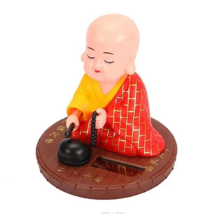 Cute Buddhist Monk Statue Solar Power Dancing Little Figurine Chinese Shaolin Sculpture for Car Garden Decor-Blue Solar Monk