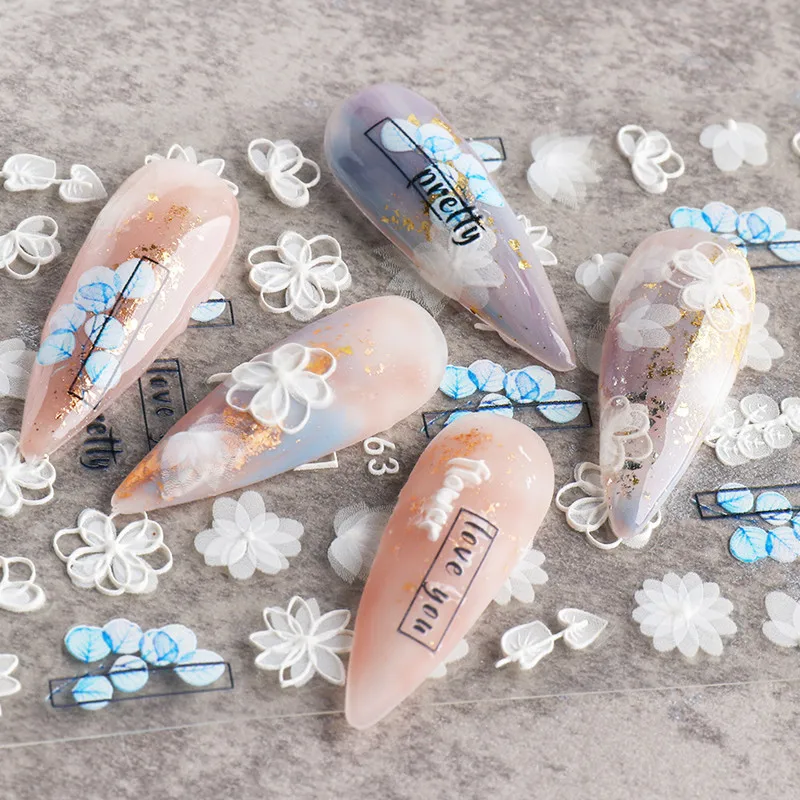 New F series nail relief stickers 5d stereo hollow black and white lace flower glue nail stickers