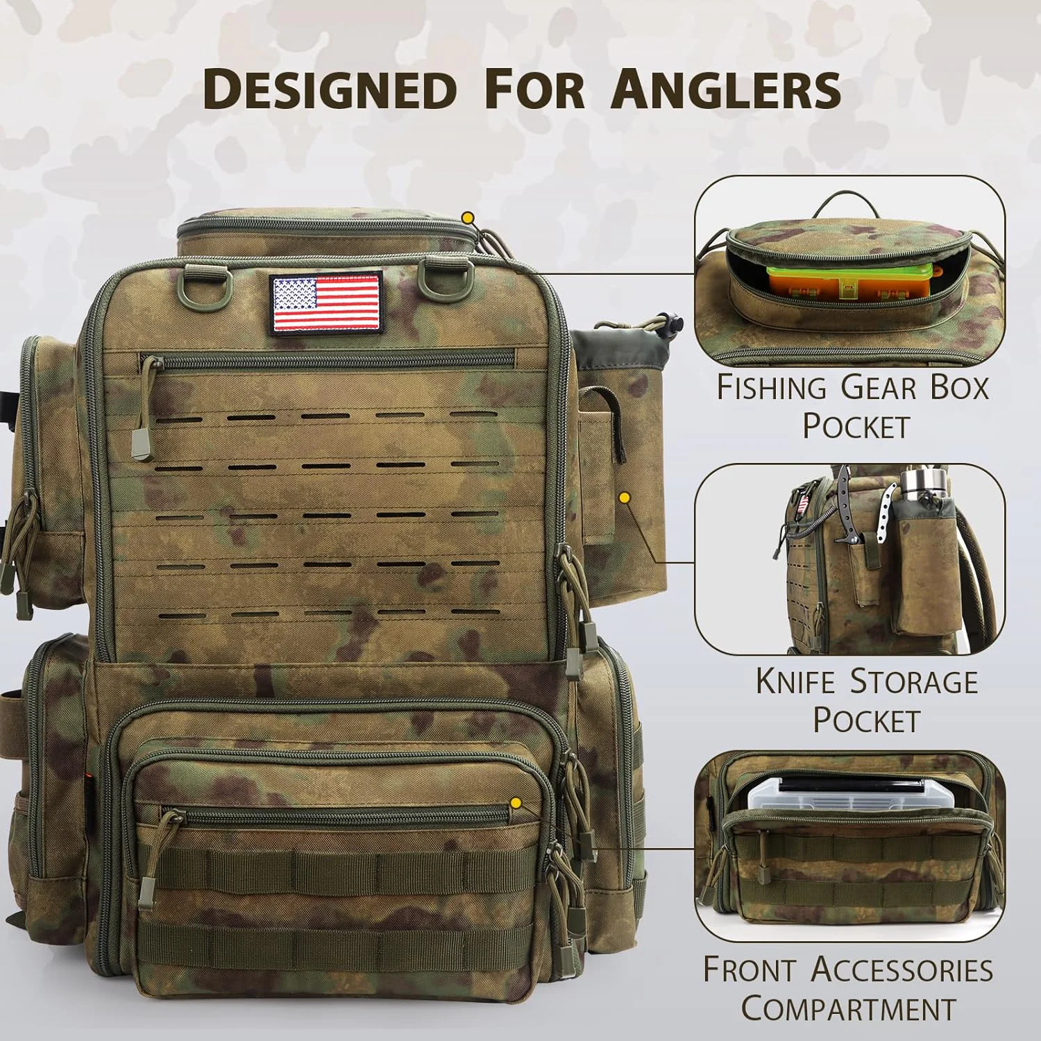 Fishing Backpack, Fishing Tackle Backpack with Rod Holders for 4 Boxes (Box Not Included) 45L Waterproof Fishing Gear