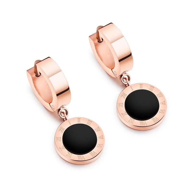Western Greece style women jewelry round roman numeral statement charm titanium drop stainless steel huggie dangling earrings