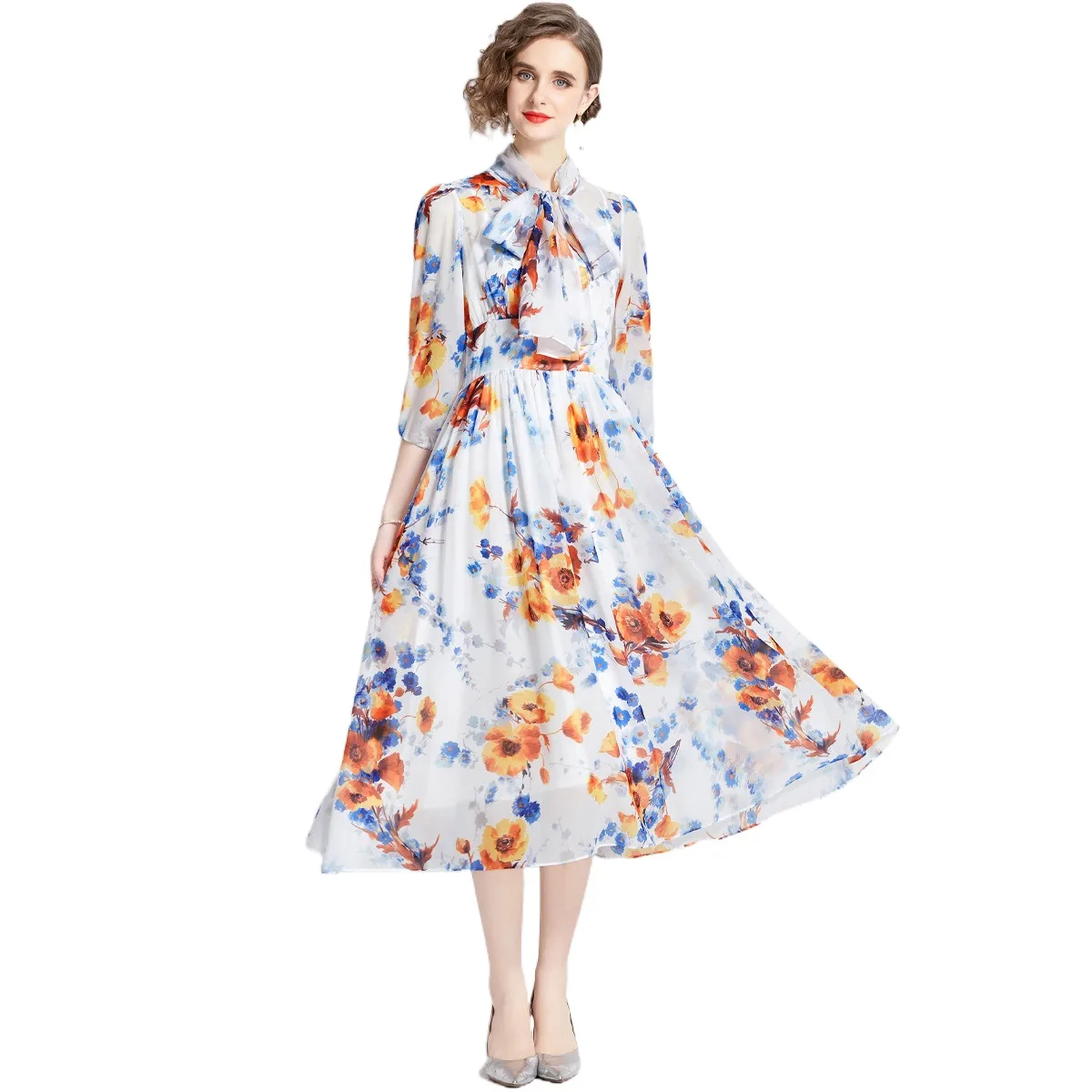 Women Casual Dresses Elegant Vacation Tie Neck Three Quarter Sleeve Slim Chiffon Printed Silk Shirt Dresses Women Casual Summer