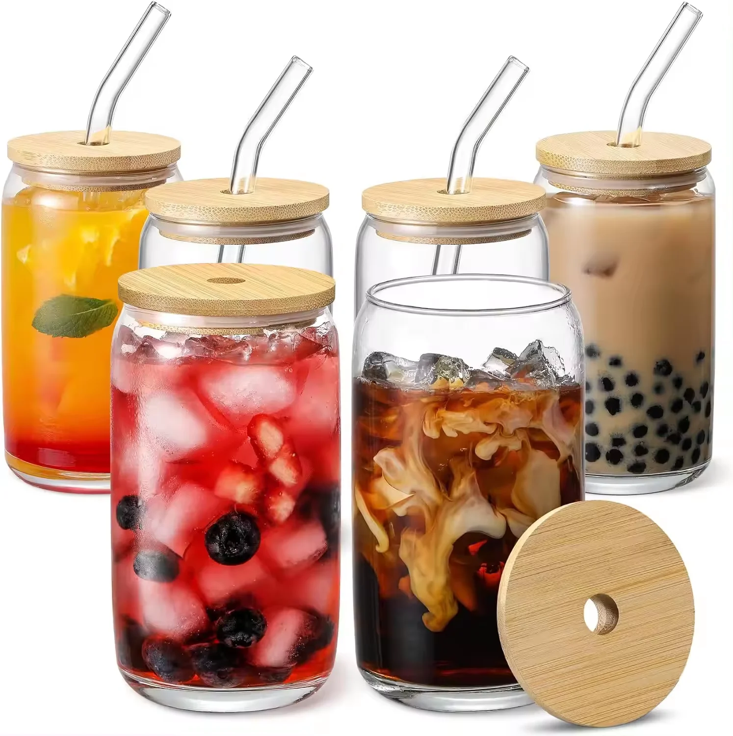 16 OZ  Bar Glassware Clear Borosilicate Drinking Cocktail Glass Glass Beer Mug with Lid And Straw