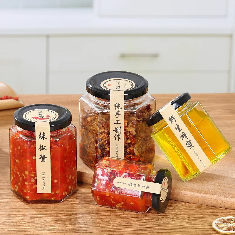 In Stock Hexagonal Glass With Metal Lids Honey Jam Caviar Jar Food Container With Metal Lid For Kitchen Storage