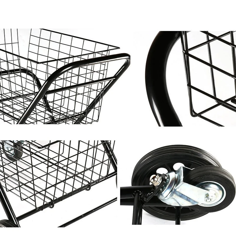 Foldable Metal Electronic Shopping Trolley Grocery Stores Double Baskets Collapsible Shopping Trolley with Big Wheel