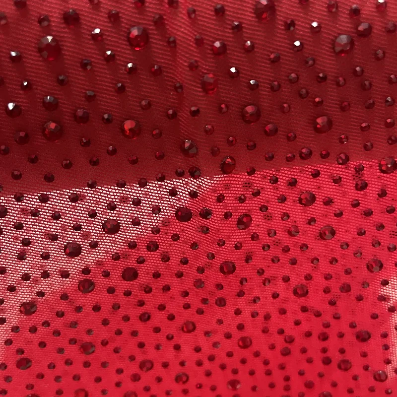 Dress Production Accessories Gorgeous Red Crystal Multi-size Rhinestones Power Mesh Fabric
