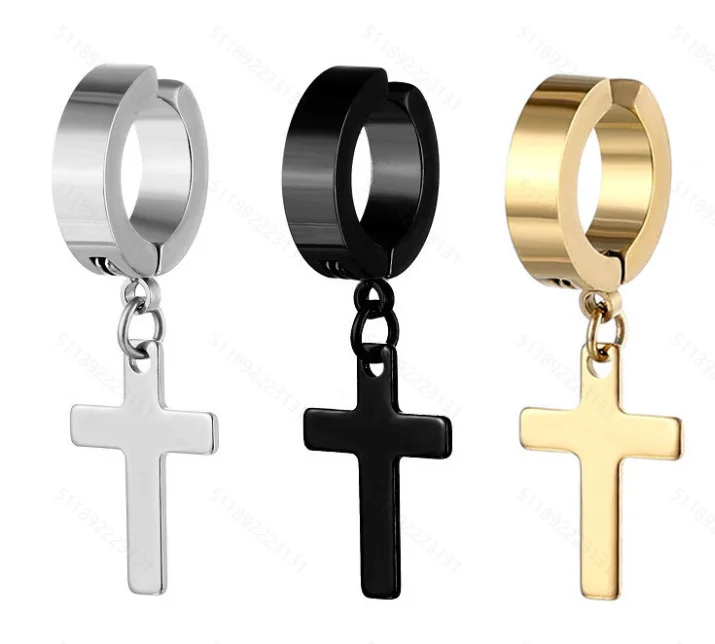 AFXISON European and American punk hip-hop stainless steel cross ear buckle earrings wholesale