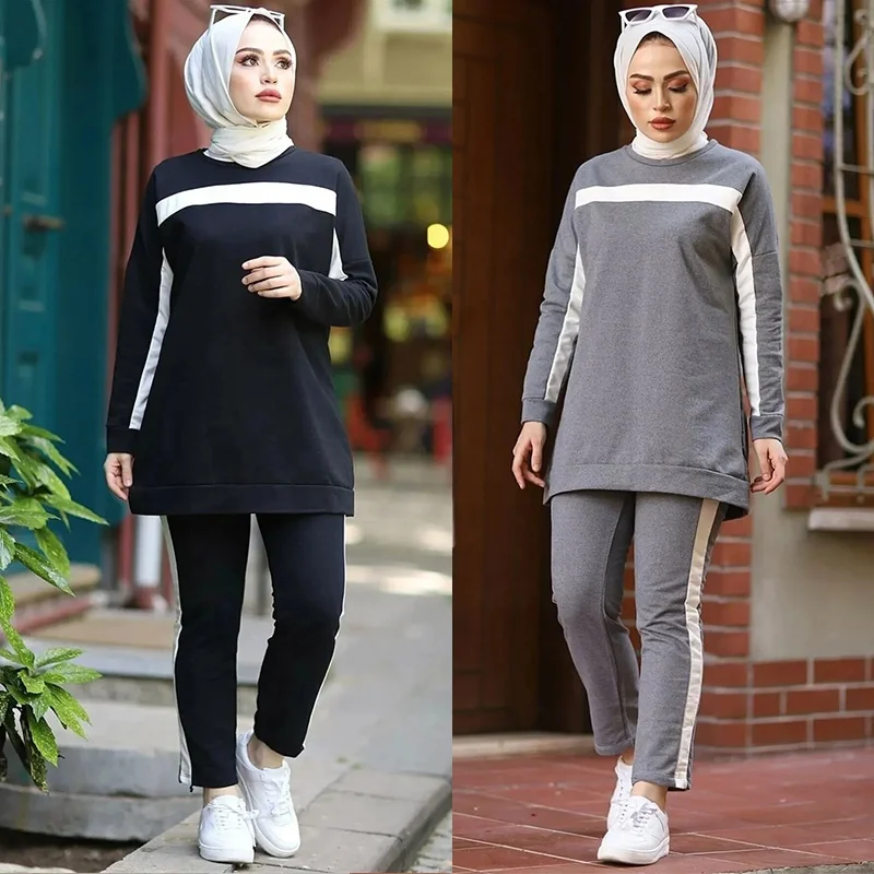 Turkey custom logo women muslimtops and pants two piece sets casual long sleeve sports hoodie suits