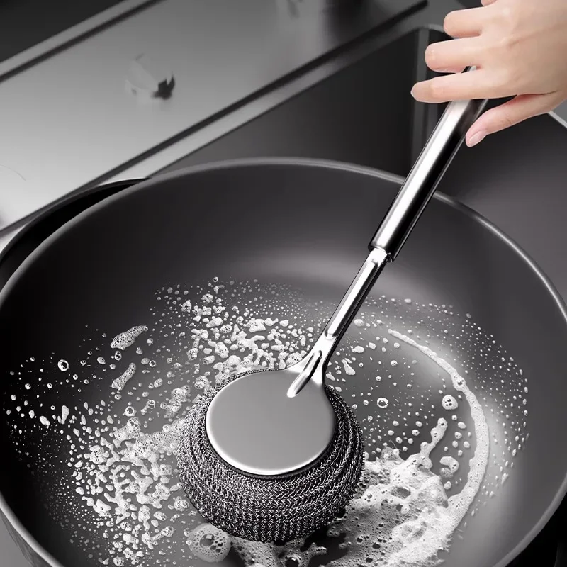 Steel Wire Ball Pot Brush Kitchen Pan Dishes Cleaning Brush Long Handle Scourer Strong Decontamination Cleaning Brush