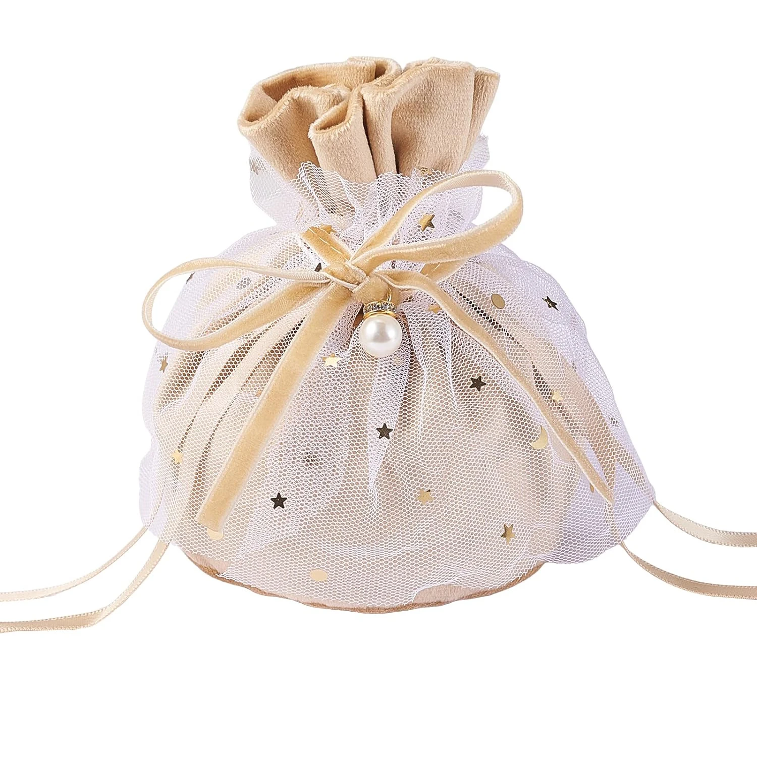 Drawstring Velvet Jewelry Gift Bag Candy Bag with Faux Pearl & Star Yarn Skirt Design for Christmas Wedding Birthday Party Favor