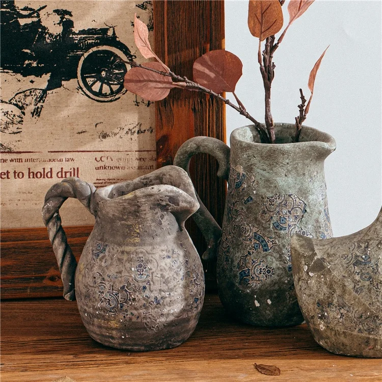 Retro Style Handmade Decal Design Jug Shape Home Goods Decorative Cement Decor Vase Flower Vases with Handle