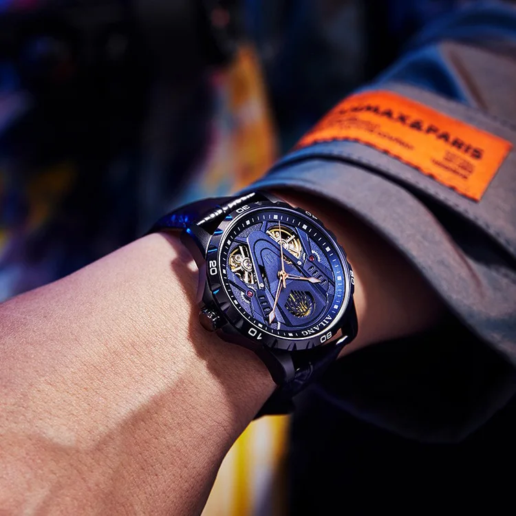 Custom logo Leather Skeleton Tourbillion Automatic Mechanical Watch for Men High Quality Luxury Brand