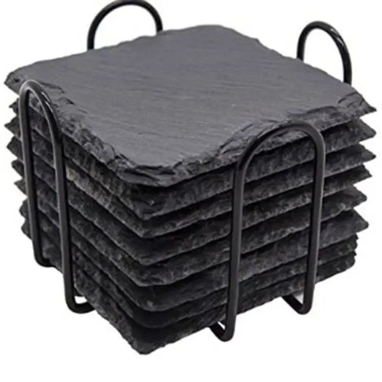 Vintage black round SLATE coasters Set Rock Coasters Bar Whiskey coasters with iron rack