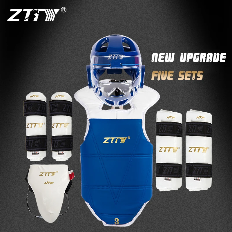 Factory Price Taekwondo Equipment 5 in 1 Set Bamboo Pattern Headgear Chest Protector Groin Arm Shin Guard