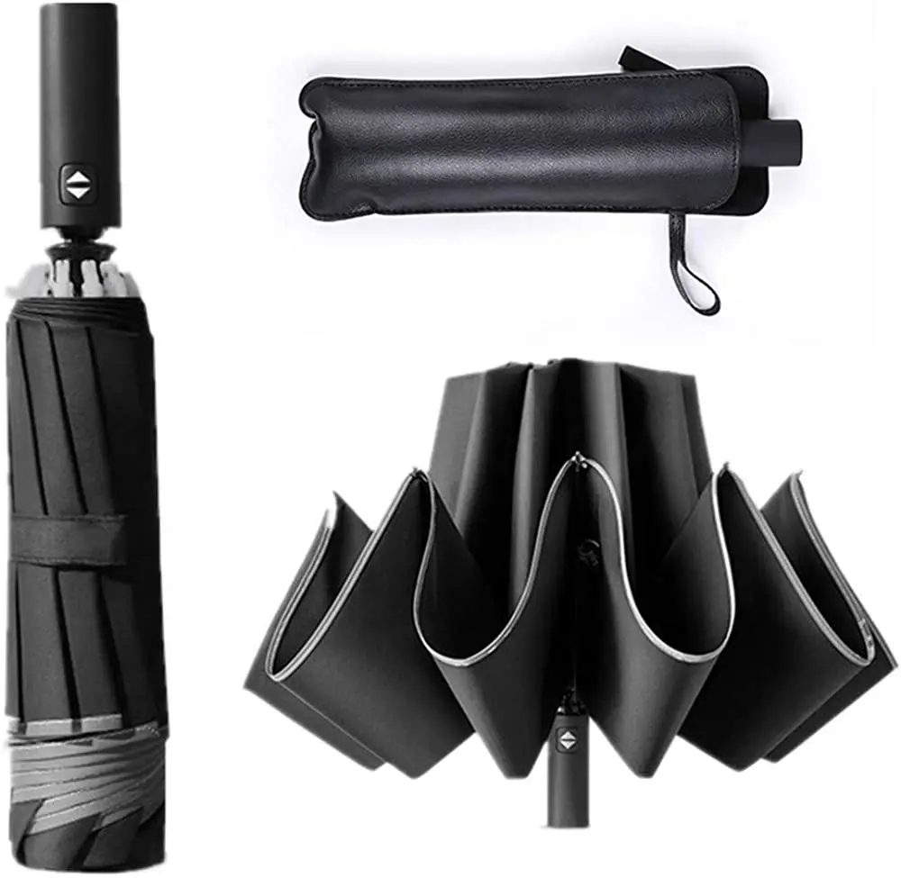 High Quality Wind Resistant Reflective Edge Auto Open and Close Inverted 3 Folding Umbrella