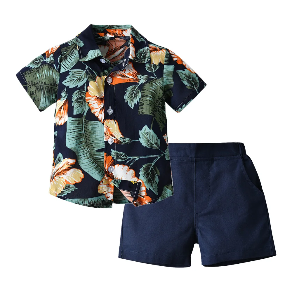 Summer Boy Clothes Outfit Set Toddler Baby Boys Clothing Hawaii Shirt Shorts Printed Flower Leaf Boy Set 1-5 Years Kids Suit